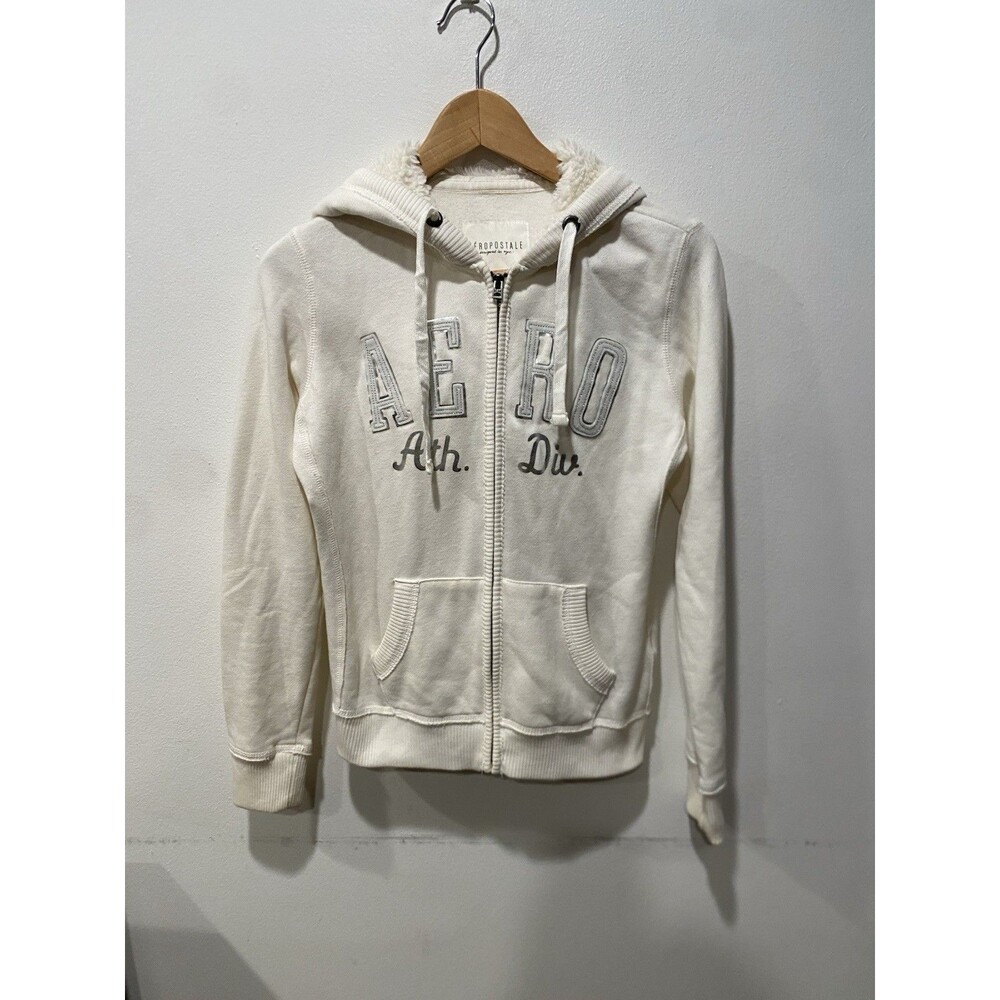 Y2K Aeropostale Faux Fur Sherpa Lined Hoodie women Sz XS White Full Zip Up